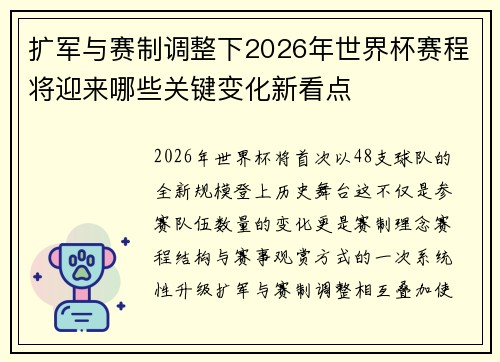 扩军与赛制调整下2026年世界杯赛程将迎来哪些关键变化新看点 扩军与赛制调整下2026年世界杯赛程将迎来哪些关键变化新看点