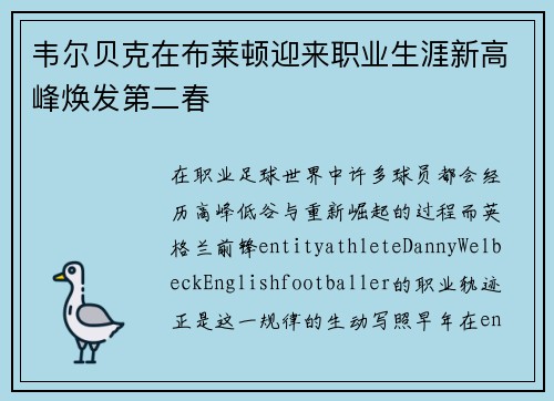 韦尔贝克在布莱顿迎来职业生涯新高峰焕发第二春 韦尔贝克在布莱顿迎来职业生涯新高峰焕发第二春