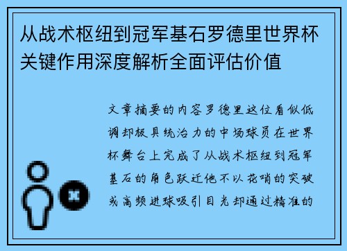 从战术枢纽到冠军基石罗德里世界杯关键作用深度解析全面评估价值